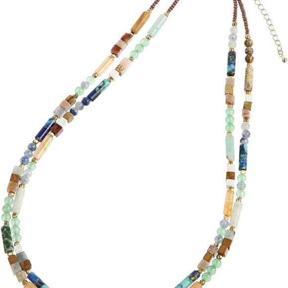 Boho Natural Jasper Stone Beaded Necklace Short Layered Style Gift Ready - Picture 1 of 7